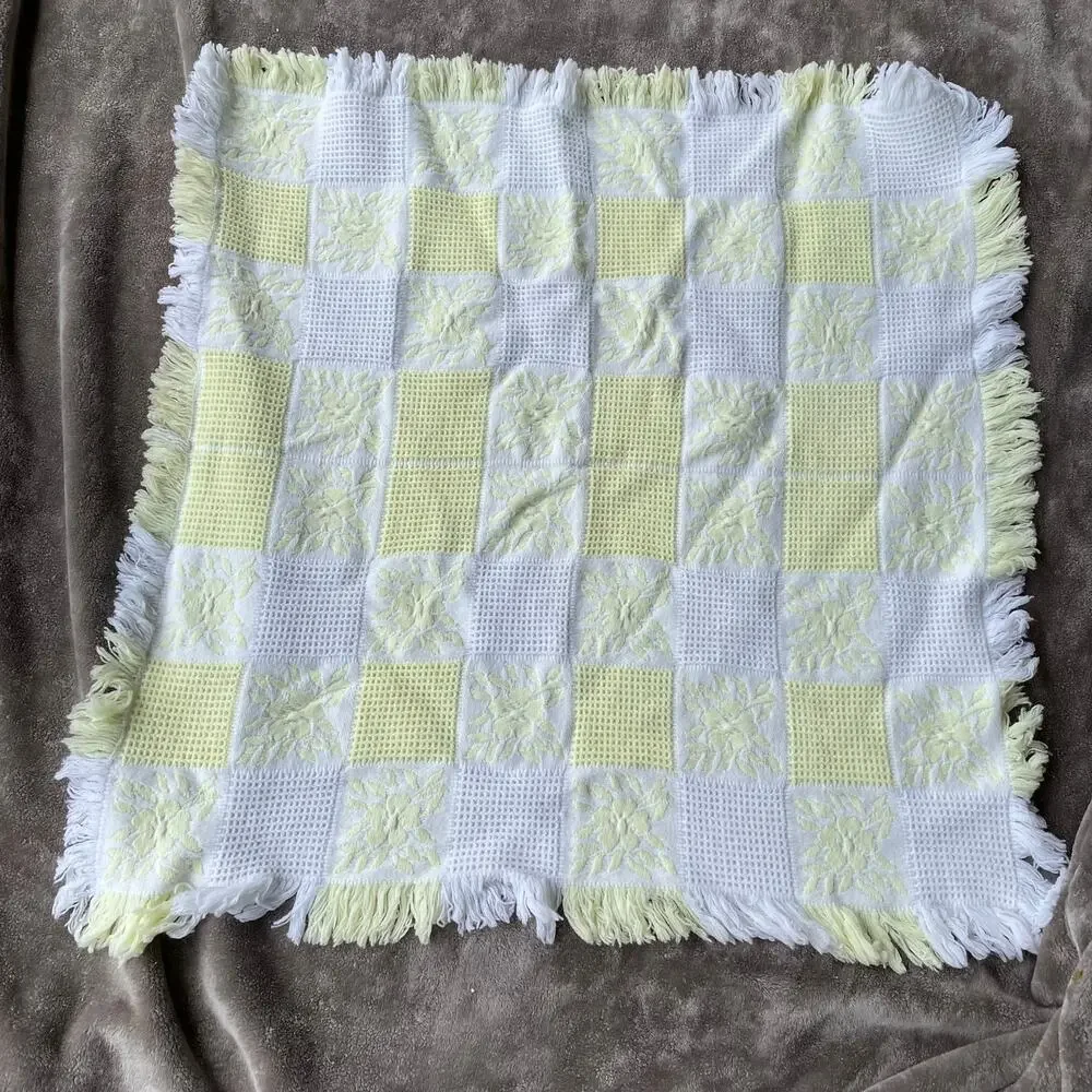 Vintage Waffle Baby Blanket with Fringe Floral Yellow White Square Spain 1980s